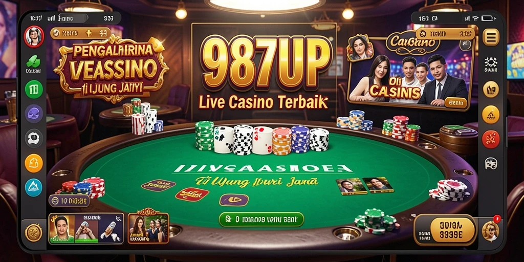 Screenshot gameplay Live Casino 987UP menampilkan dealer langsung dan pengalaman sosial.