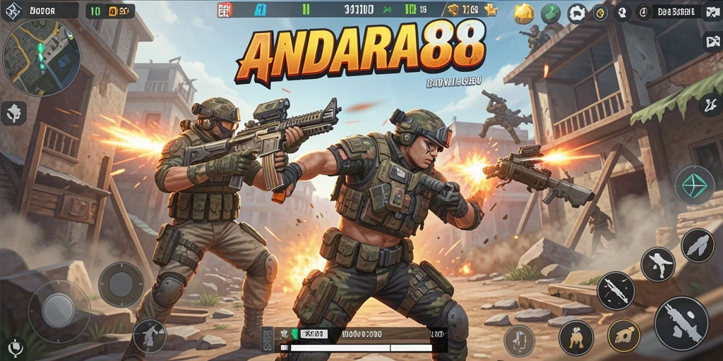Gameplay ANDARA88 menampilkan aksi Battle Royale yang mendebarkan.