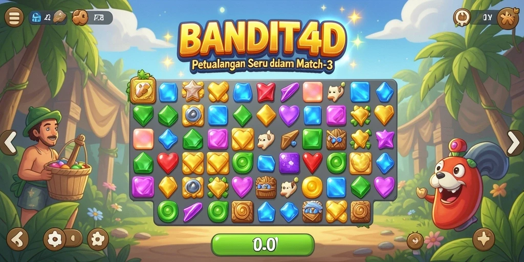 Tampilan screenshot utama BANDIT4D menunjukkan gameplay Match-3 yang seru dan penuh warna.