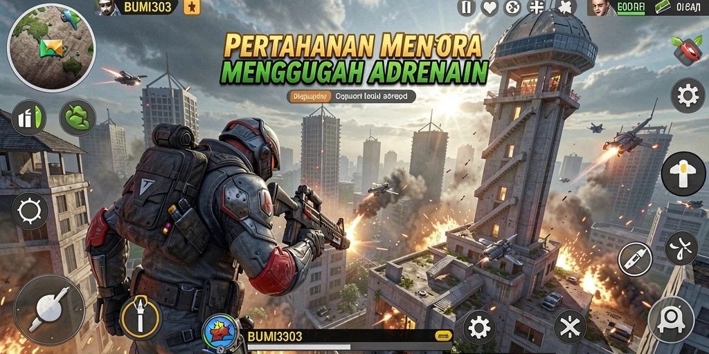 Tangkapan layar BUMI303 menampilkan aksi strategi Tower Defense yang mendebarkan.