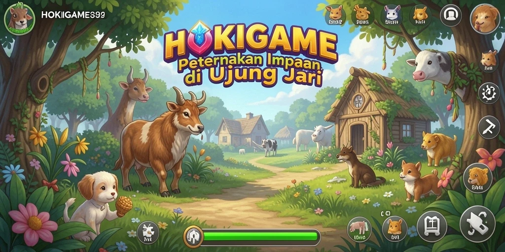 Gameplay HOKIGAME dengan petani yang merawat tanaman dan hewan.