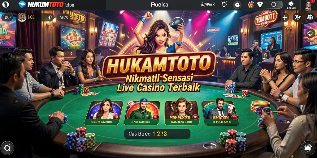 Tampilan Gameplay HUKUMTOTO dengan dealer profesional dan suasana kasino langsung.