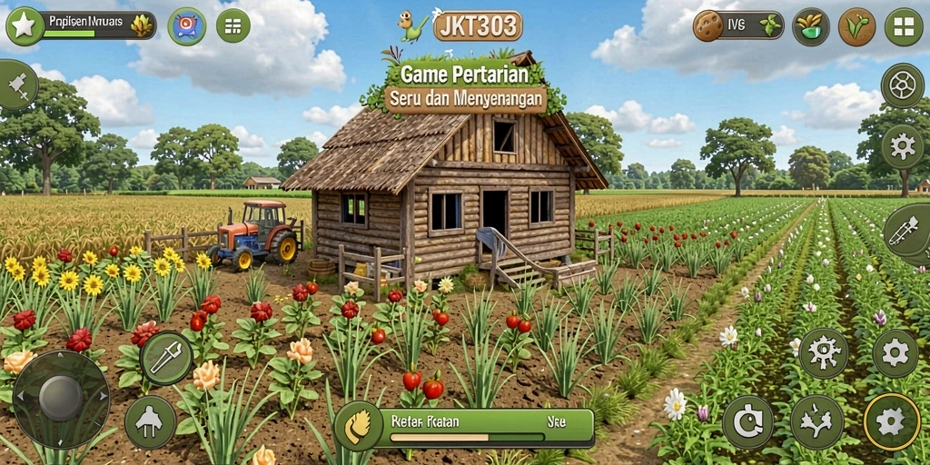 Tangkapan layar utama dari JKT303 menampilkan gameplay pertanian yang seru.