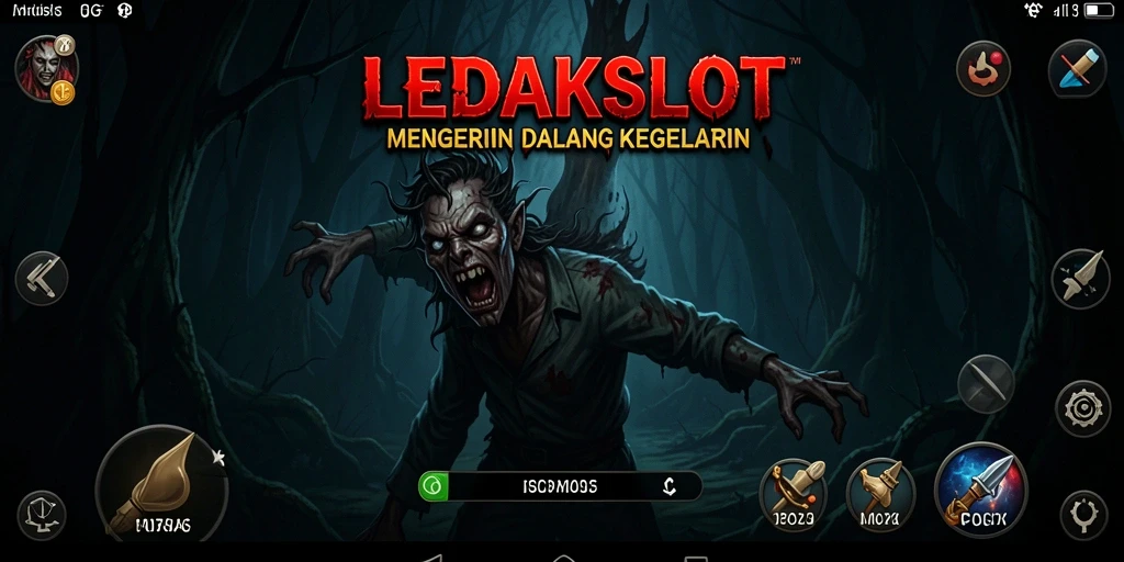 Tampilan gameplay LEDAKSLOT yang menyeramkan dalam suasana gelap.