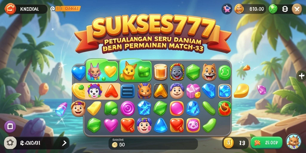 Screenshot utama SUKSES777 menampilkan gameplay seru dan penuh warna dari permainan Match-3.