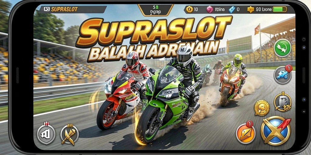 Tampilan gameplay menegangkan dari SUPRASLOT saat balapan motor di lintasan.